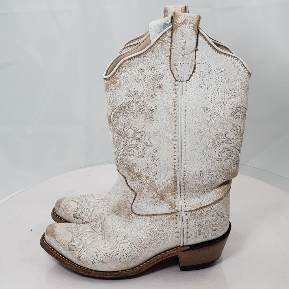 Old West CF8224 Western Boots Kids 1 White Leather Embroidered Cowboy Pull On